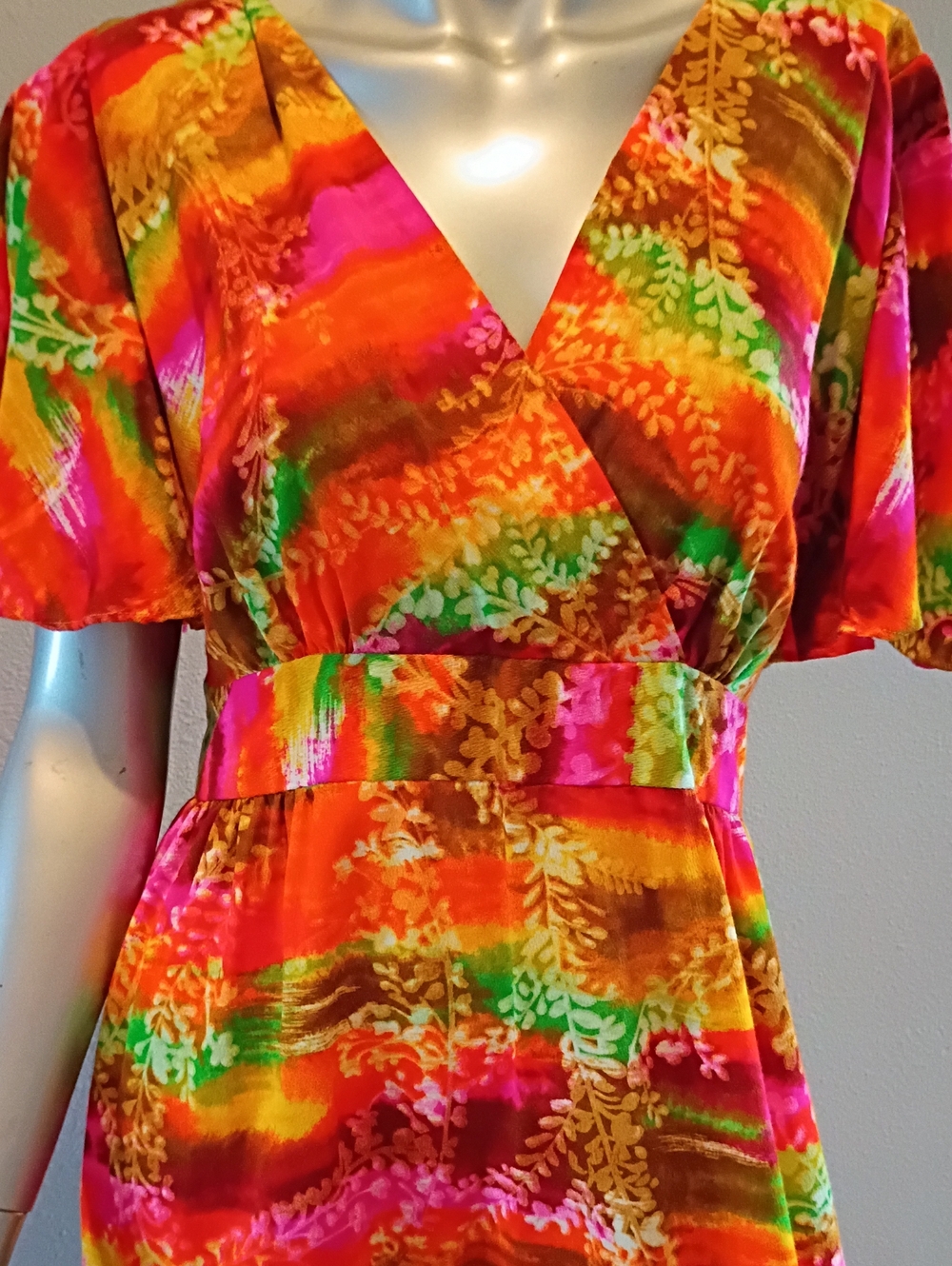 VTG 70s MuMu Vivid Tropical Colors Barkcloth EUC Maxi Sz 12/14 Boho Beach Fairy